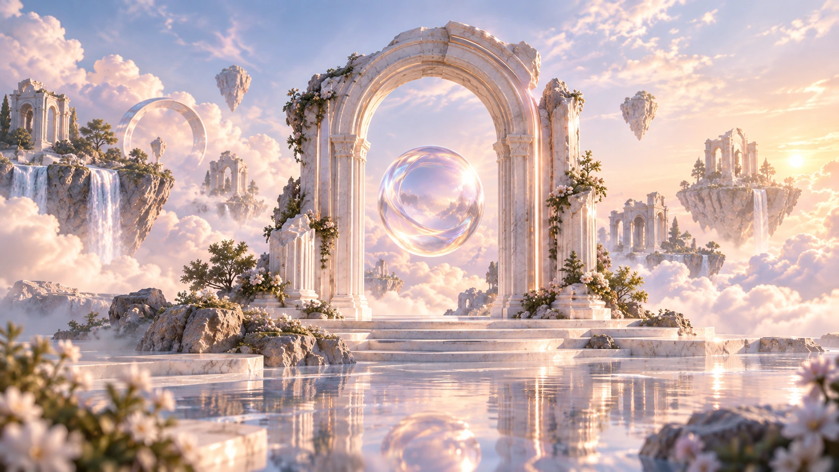 Marble portal and glass orb above clouds