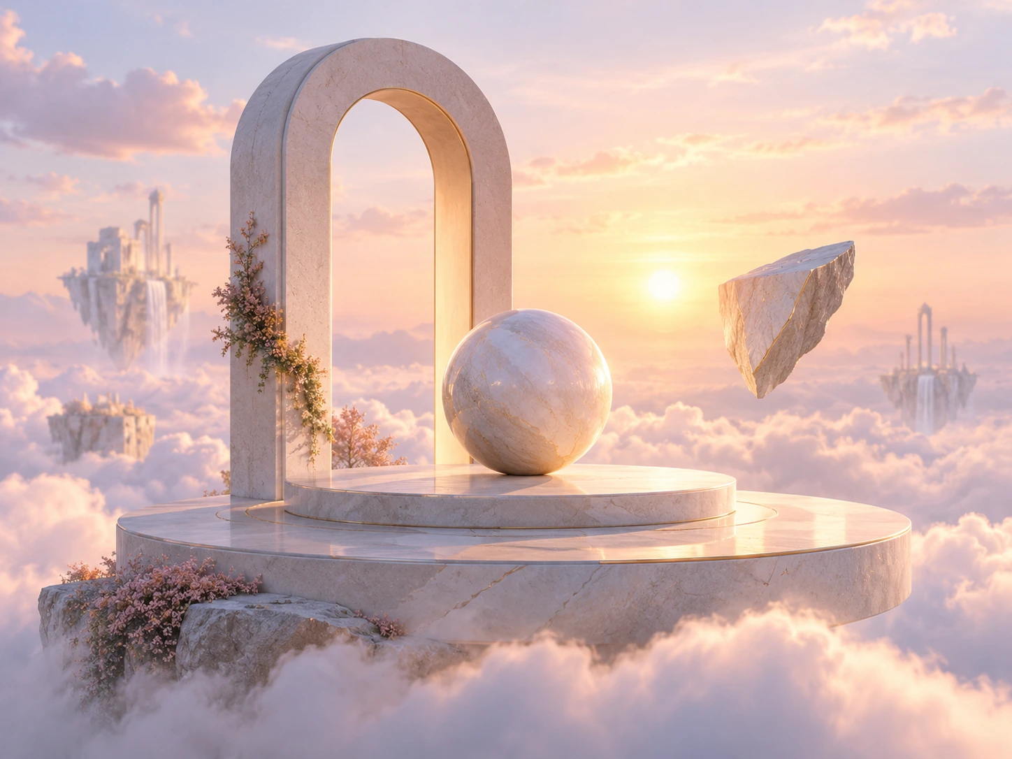 A floating marble platform with an arch and sphere